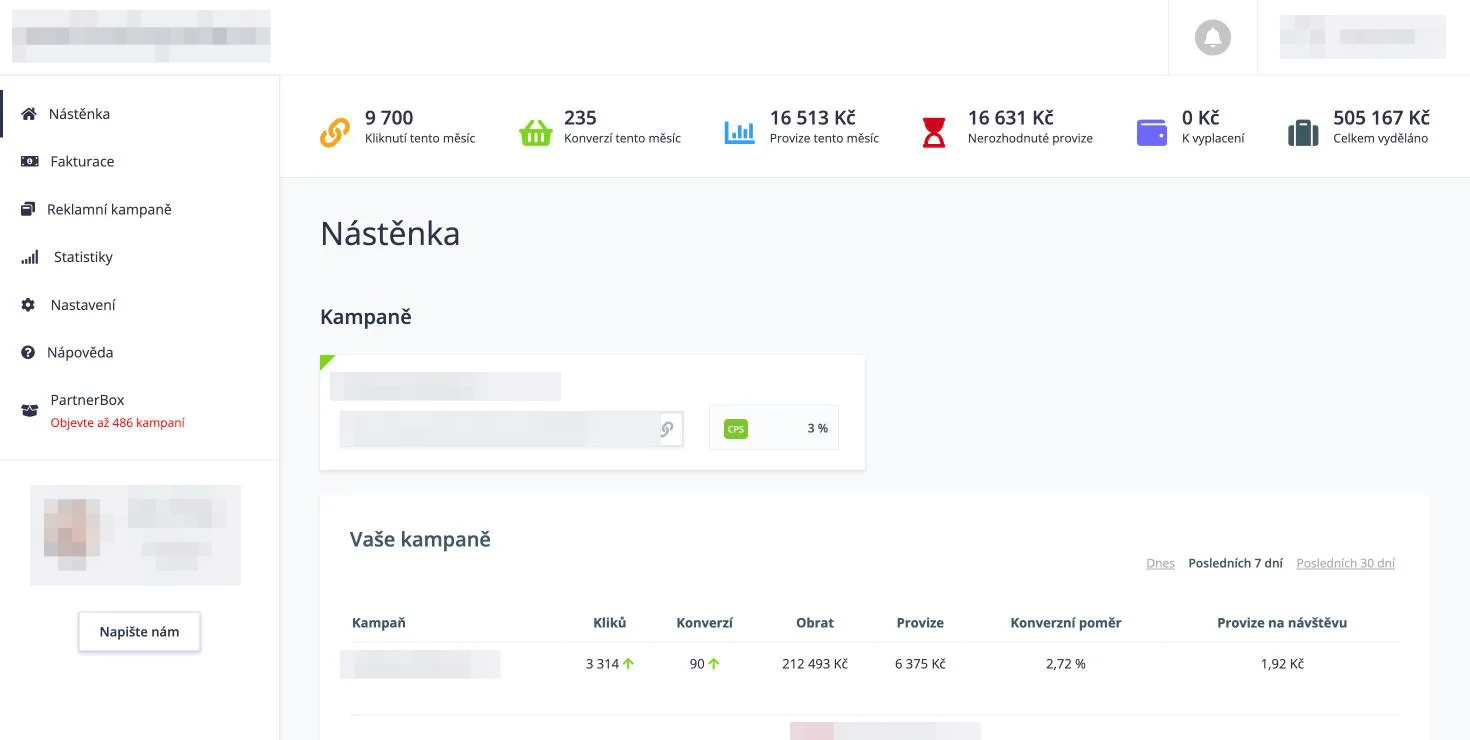Nástěnka partnerského panelu s celkovým výdělkem, provizí za tento měsíc, kliky a konverzemi